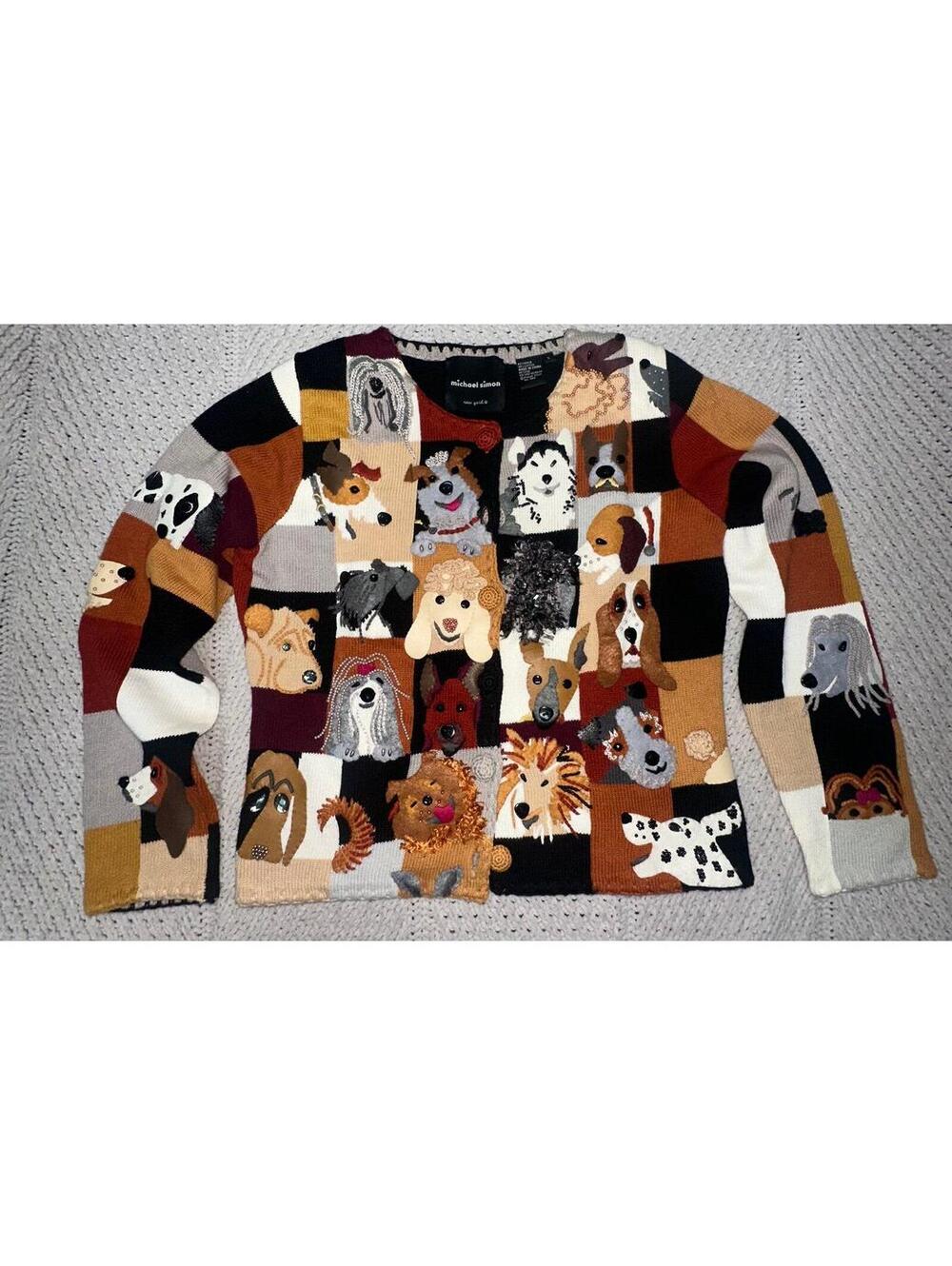 Micheal Simon Embellished Appliqué 3D Dog Sweater Women’s Medium Vintage
